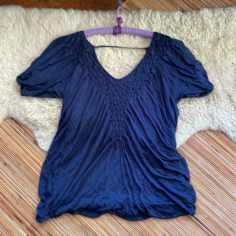 Leifsdottir Anthropologie navy bubble top with gather details